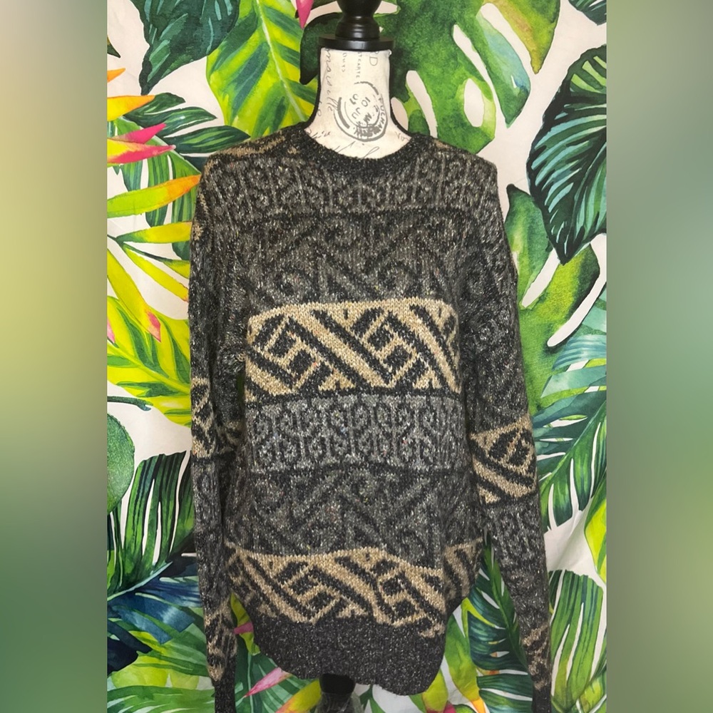 Vintage Peter England 80s Large Grey Tan Funky Thick Casual Fall Winter Sweater
